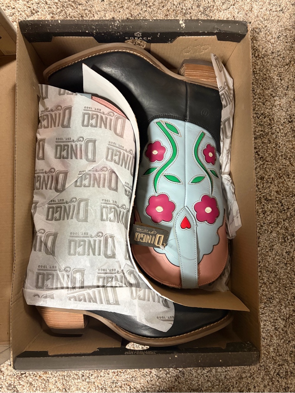 dingo Black Ankle Boots with Pastel Floral Inlay